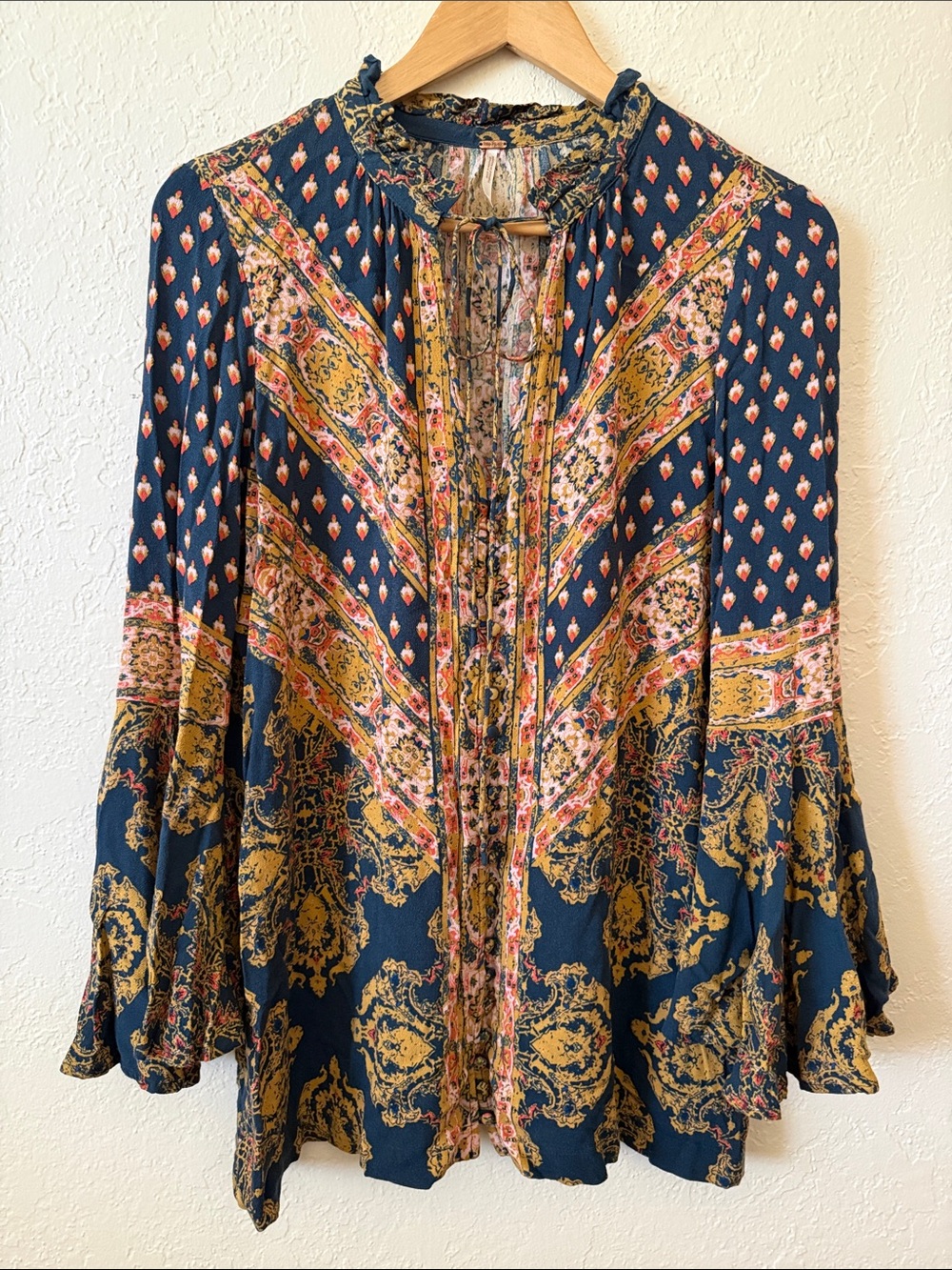 Free People Magic Mystery Tunic Bell Sleeve Multicolor Floral Paisley Size XS
